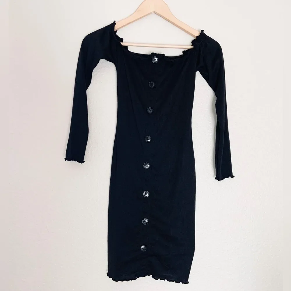 Yandy Button Up Black Off-Shoulder Dress Bodycon Sexy Size Large